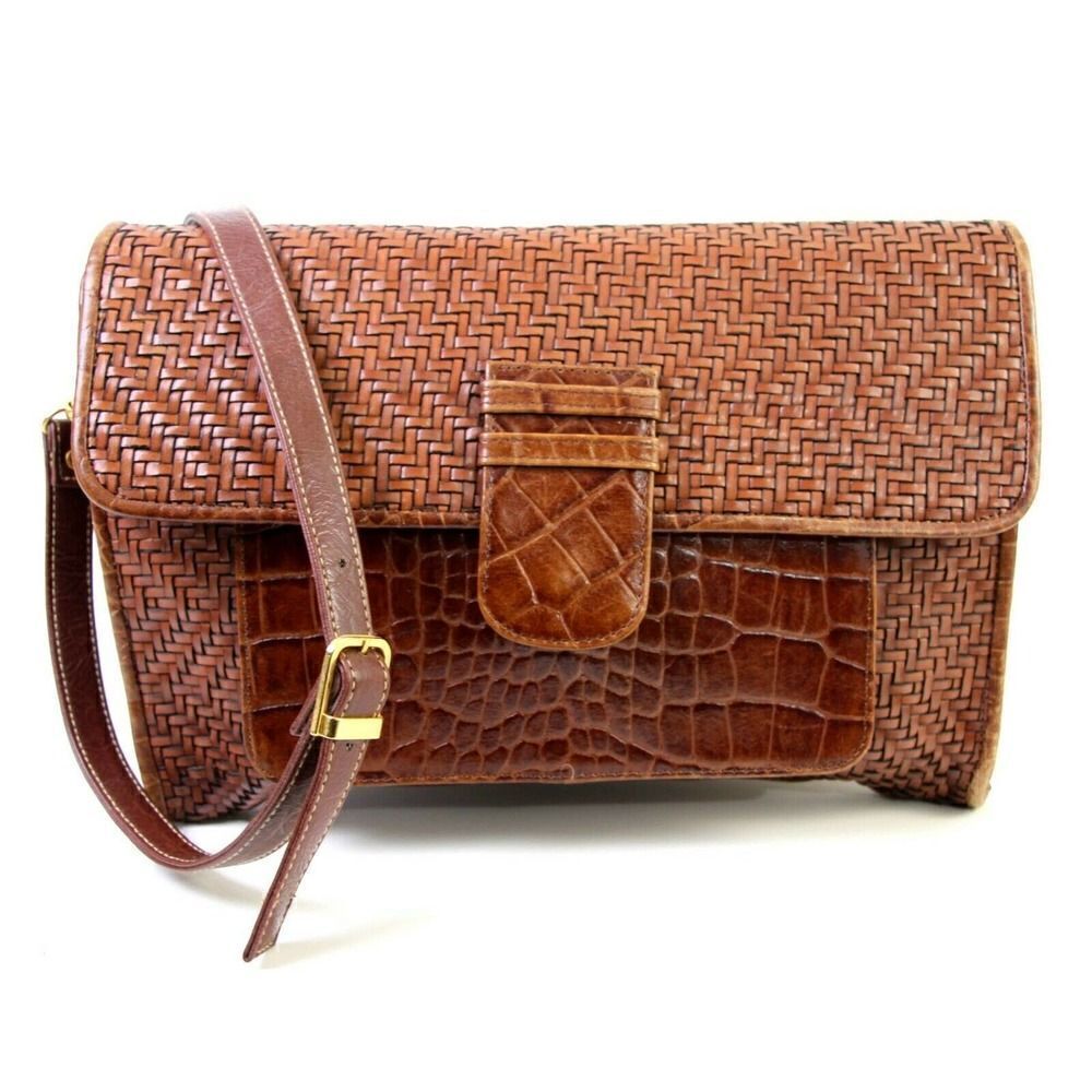 BRIO! BROWN CROCO BRAIDED GENUINE LEATHER ENVELOPE CLUTCH SHOULDER BAG HANDBAG - Picture 3 of 12
